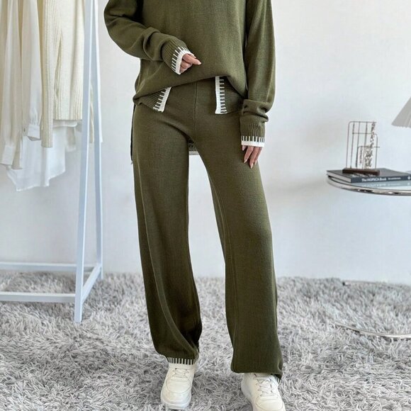 Green Casual Women's Contrast Trim Drop Shoulder Sweater & Knit Pants - Picture 5 of 6